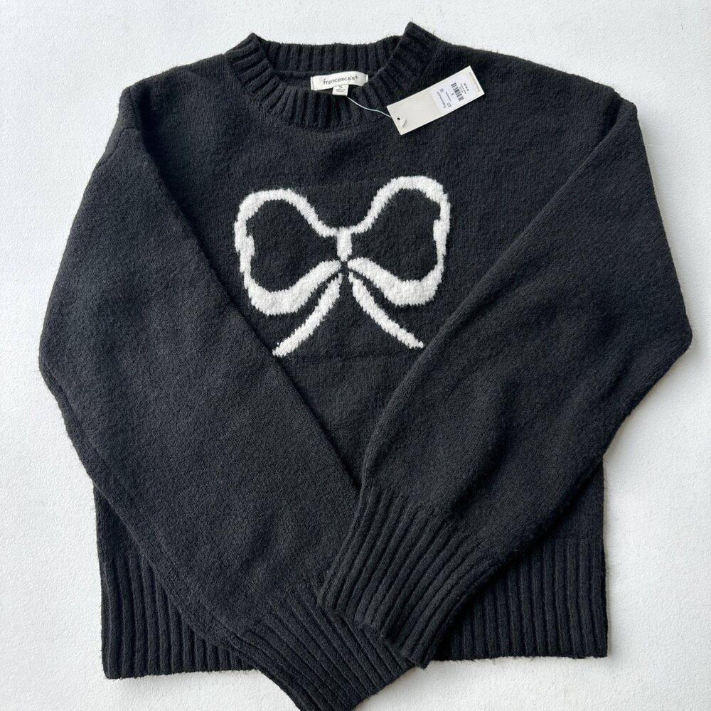 FRANCESCA'S Women's Small Black Coquette Bow Ribbed Long Sleeve Pullover Sweater